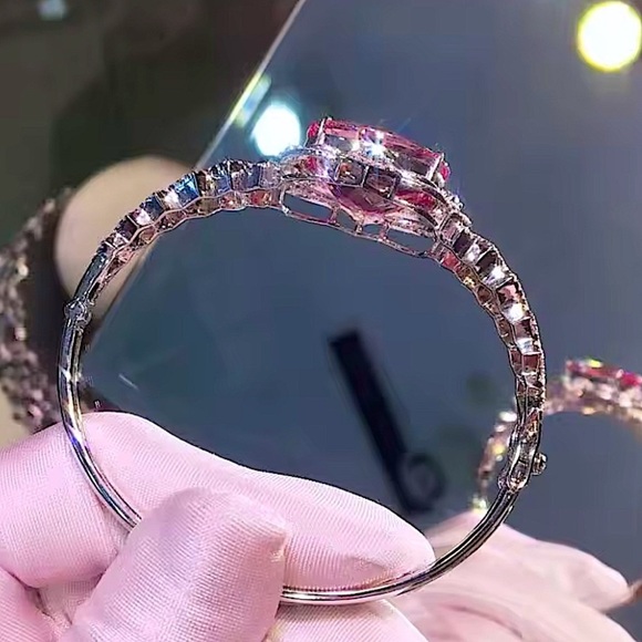 Geometric Oval Pink Morganite Stone Bracelet Bangle Cuff Bracelet Luxury Wedding - Picture 5 of 5